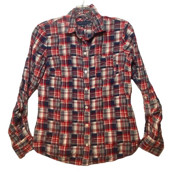 Tommy Hilfiger Womens Heritage Shirt Long Sleeve Red Blue Patchwork XS - Picture 1 of 7